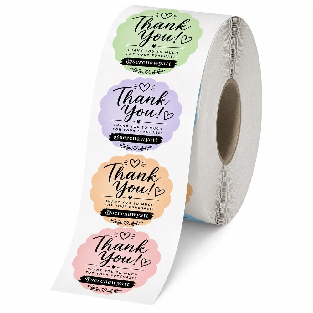 100 Personalized Thank You Stickers Scalloped Circle Pastel Packaging Labels